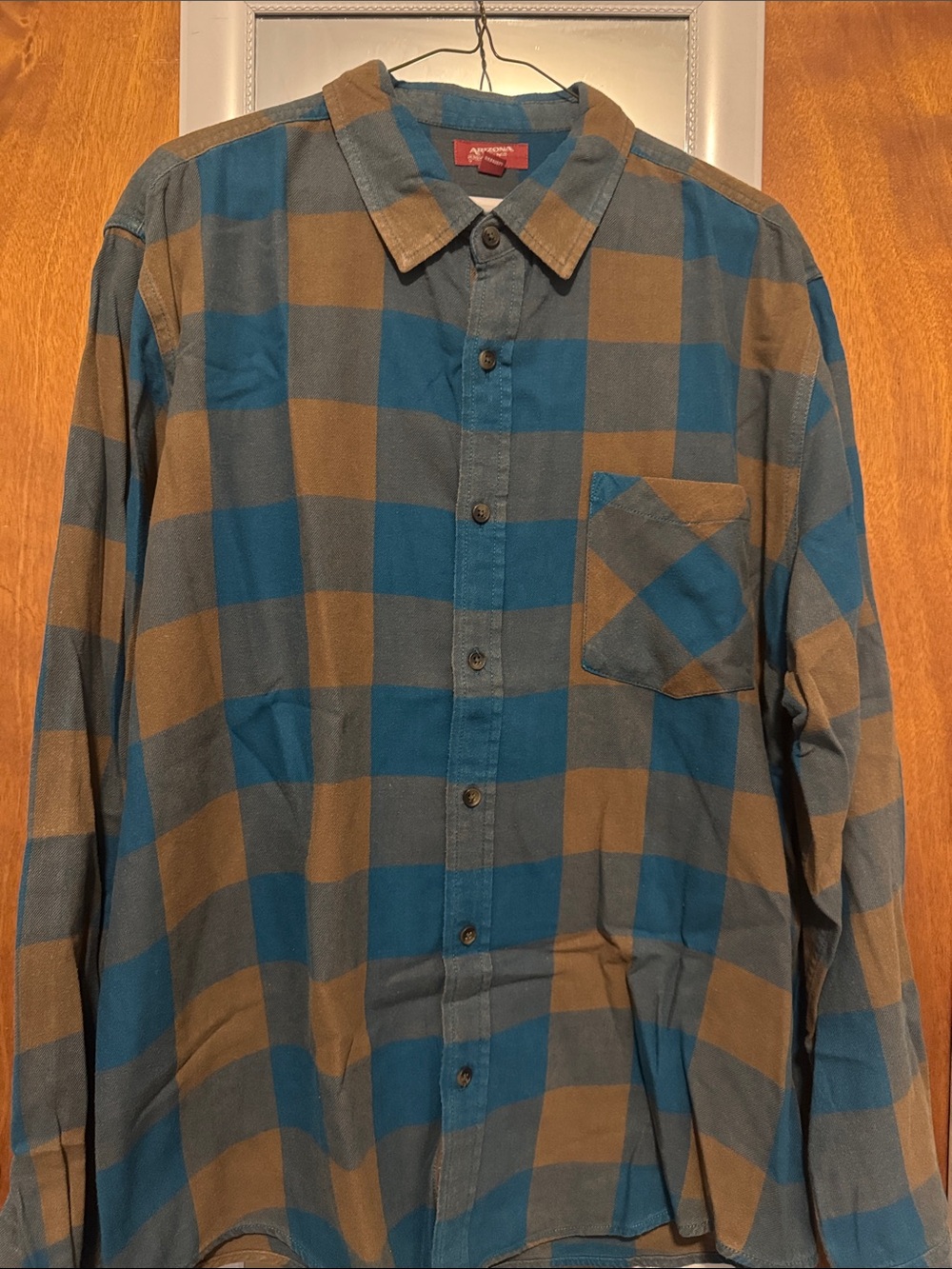 Arizona Jean Company Teal and Brown Plaid Button-Down Shirt